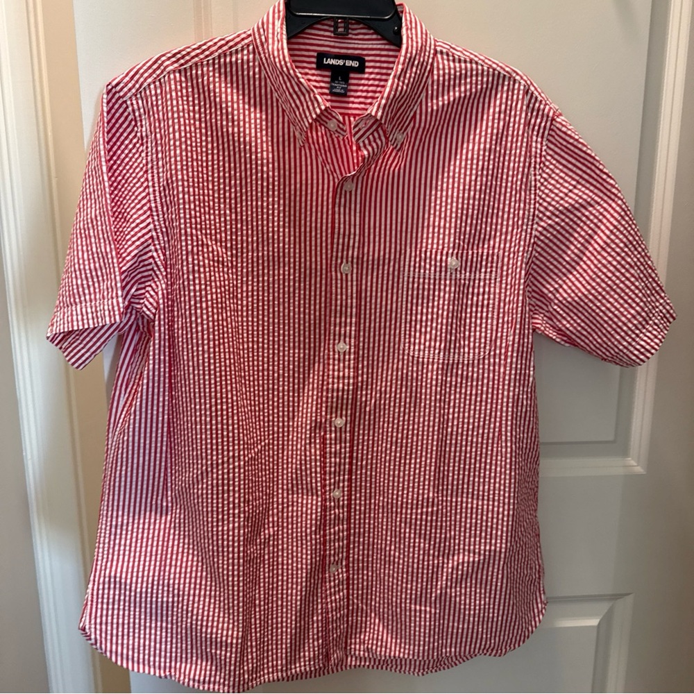 NWOT Lands' End Men's Red Seersucker Button Down Short Sleeve Shirt Large